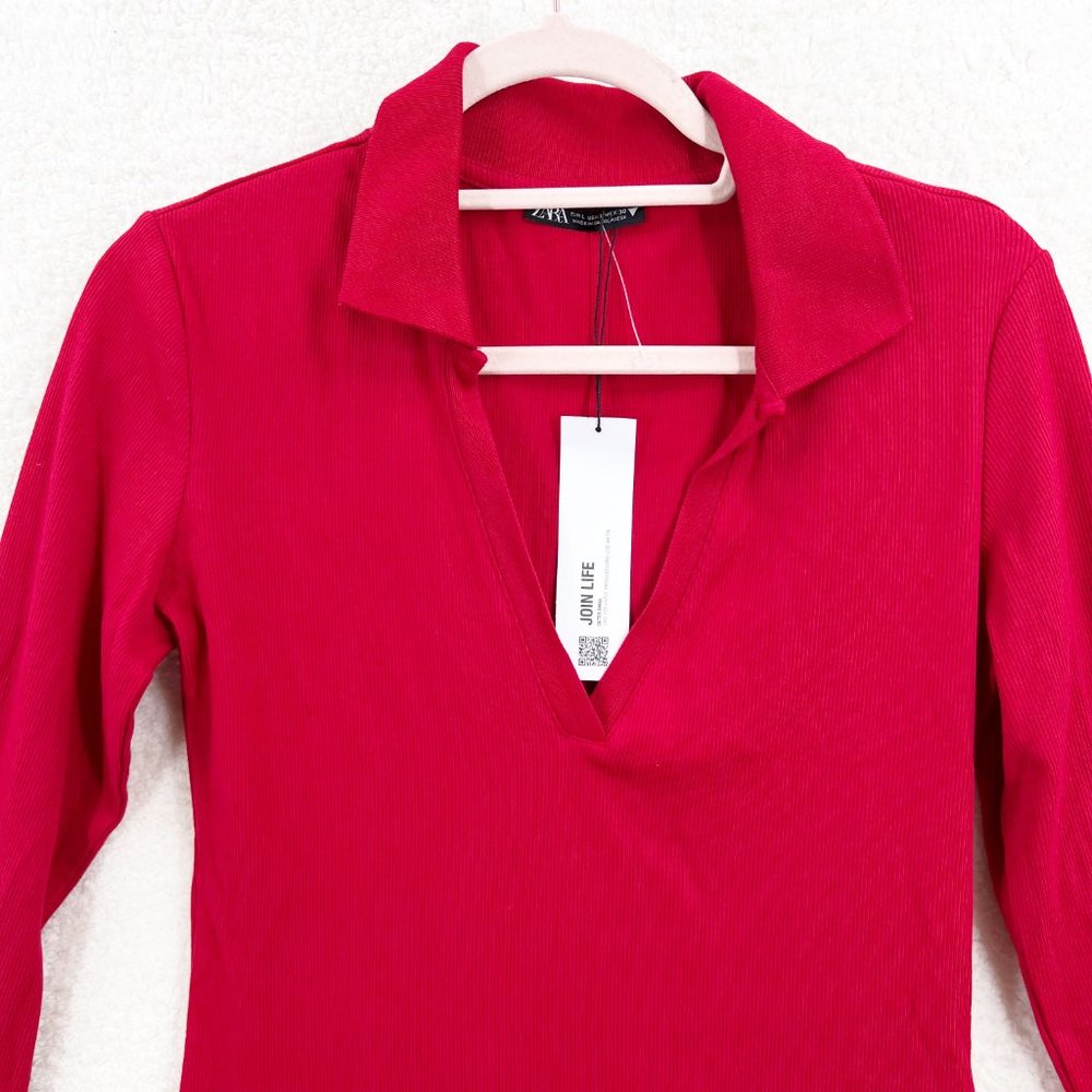 Zara Red Polo long sleeve Cotton T shirt Mini Dress Size L NEW - Picture 4 of 12